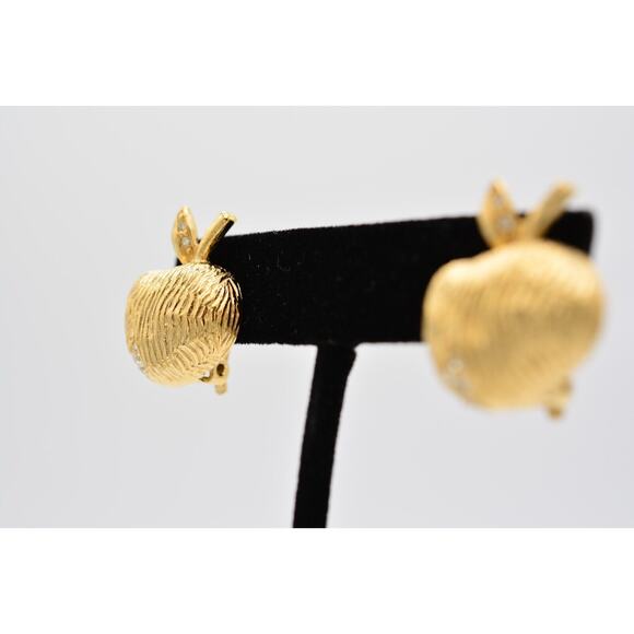 Givenchy Vintage Clip On Earrings Apple Rhinestone Brushed Gold Signed 80s BinQ - Picture 3 of 12